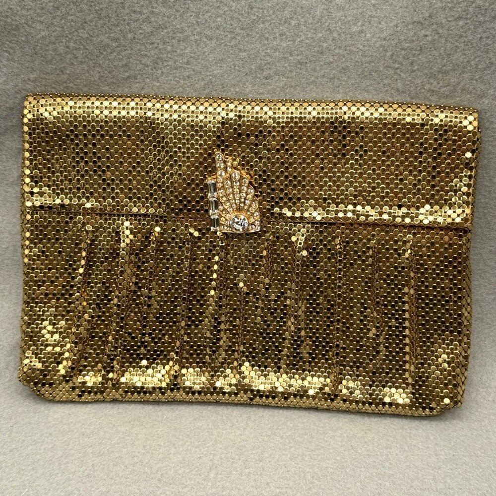 Mesh Purse Clutch Bag Gold Tone Art Deco Rhinestone Clip Vtg Whiting and Davis - Picture 14 of 14
